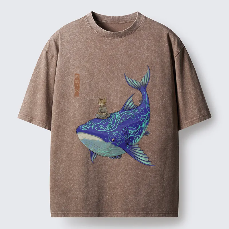Tokyo-Tiger Cat Riding A Whale Washed T-Shirt