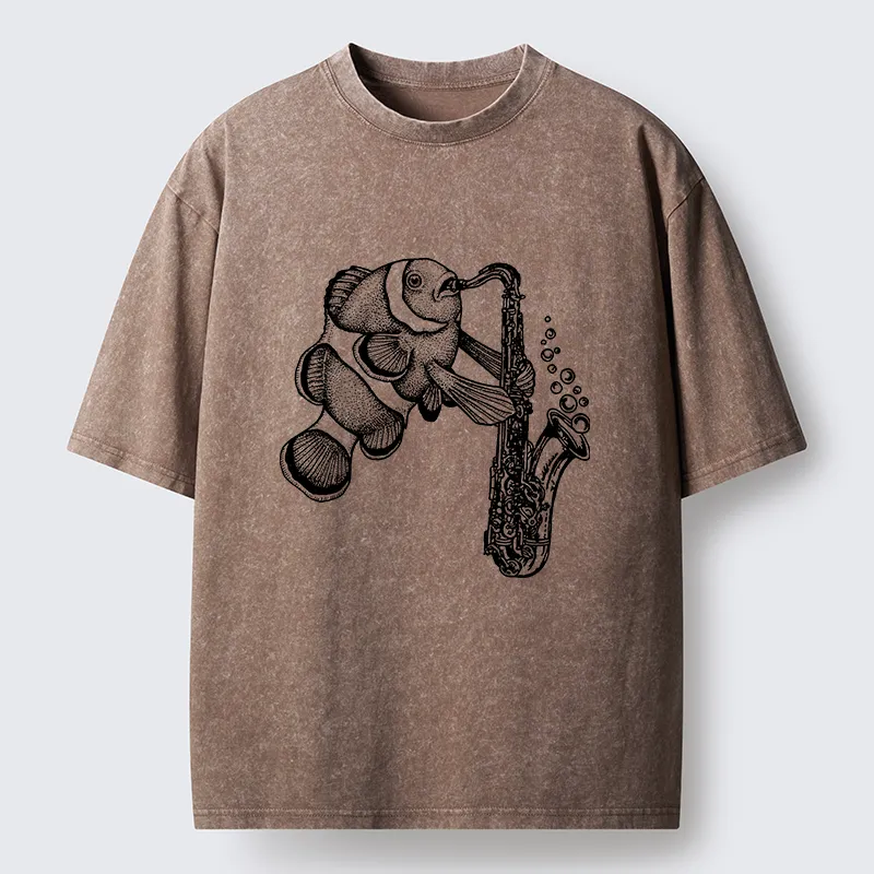 Tokyo-Tiger Clownfish Playing The Saxophone Washed T-Shirt