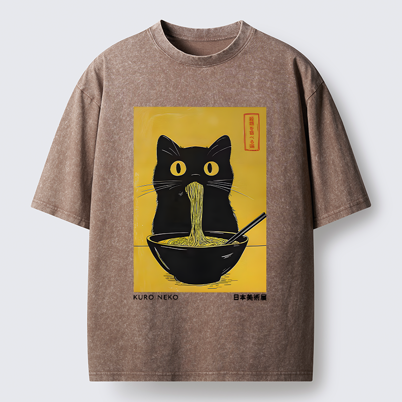 Tokyo-Tiger Black Cat Eats Ramen In Big Bites Washed T-Shirt
