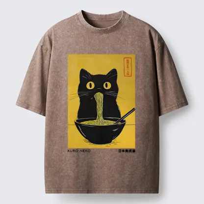 Tokyo-Tiger Black Cat Eats Ramen In Big Bites Washed T-Shirt