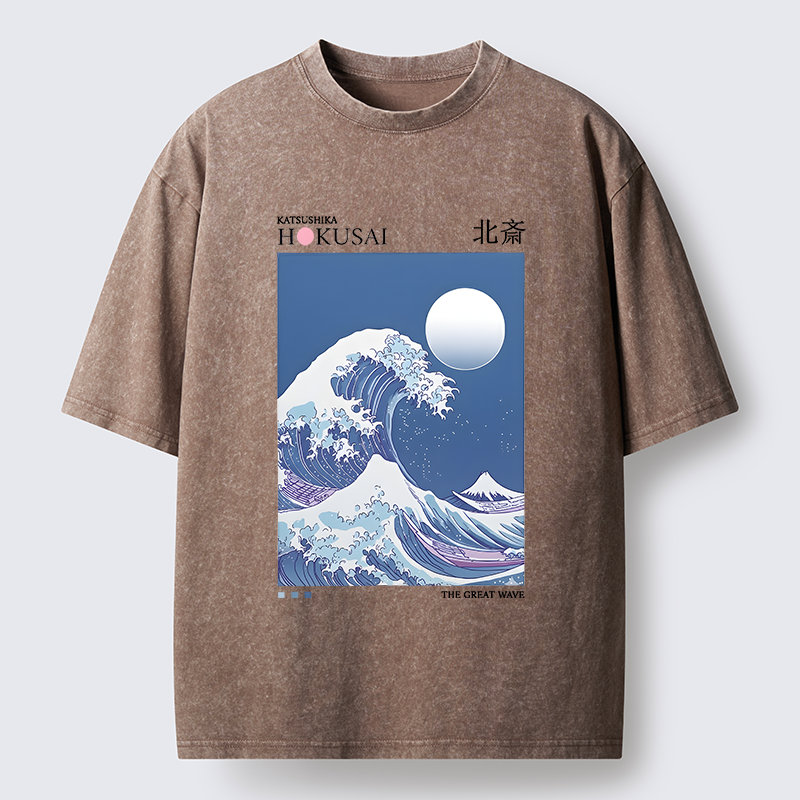 Tokyo-Tiger Blue Ukiyo-e Waves Washed T-Shirt