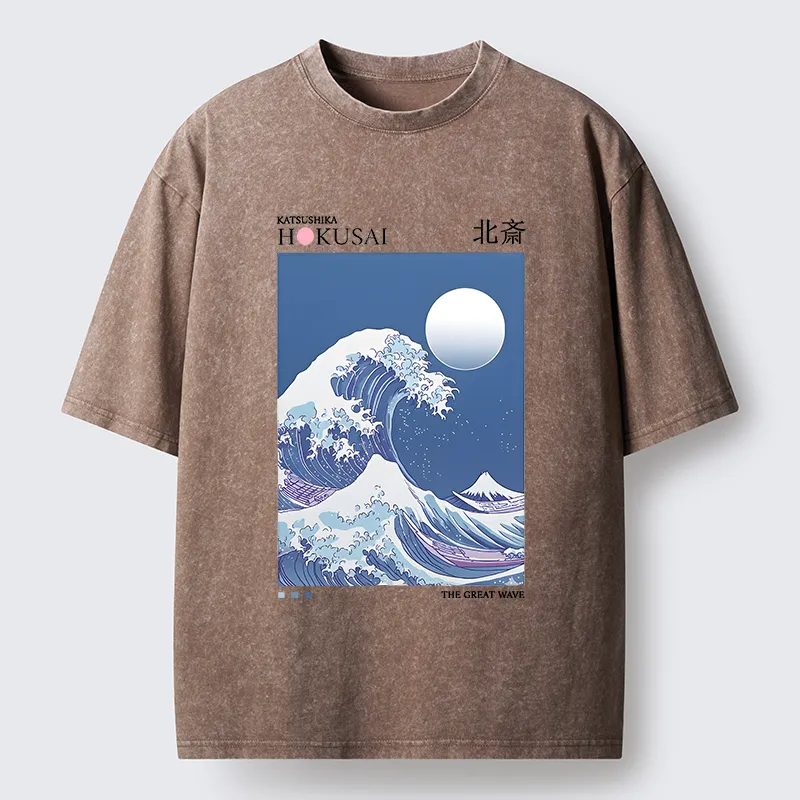 Tokyo-Tiger Blue Ukiyo-e Waves Washed T-Shirt