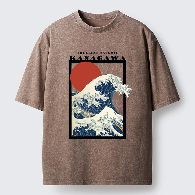 Tokyo-Tiger Minimalist Ukiyo-e Waves Washed T-Shirt