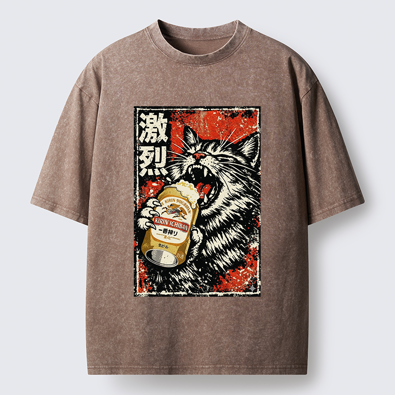 Tokyo-Tiger Cat Drinking Beer Washed T-Shirt