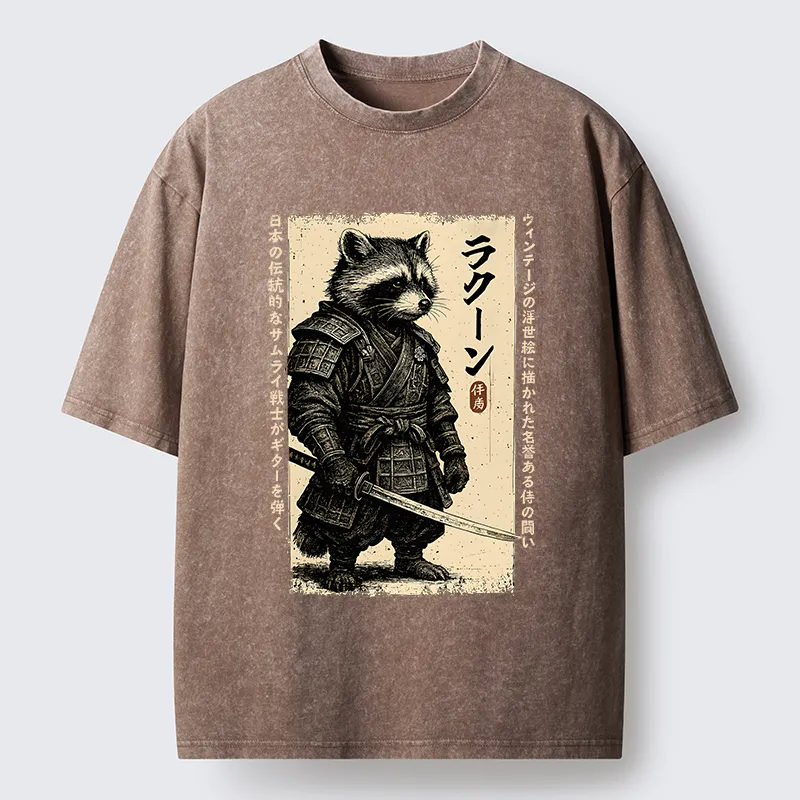 Tokyo-Tiger Raccoon Japanese Samurai Washed T-Shirt