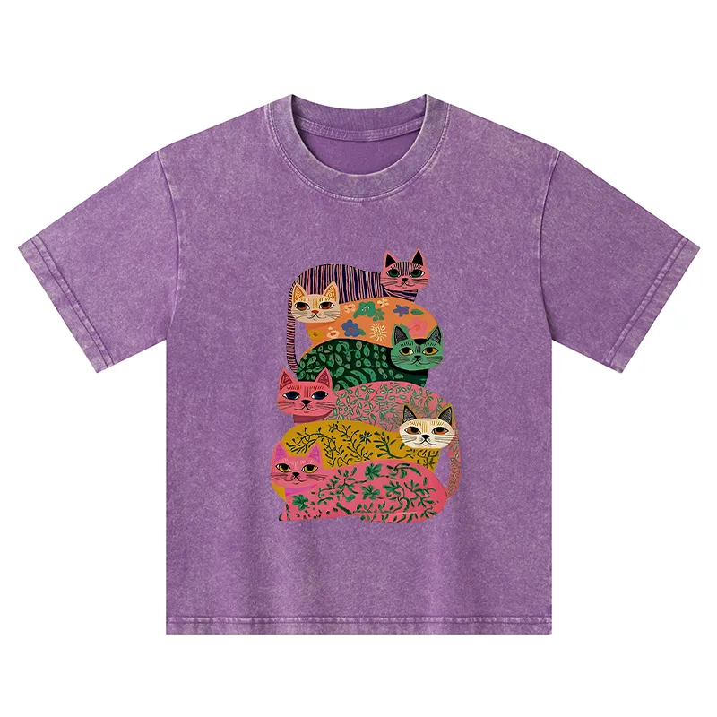 Tokyo-Tiger Colorful Cats Kids Washed T-Shirt