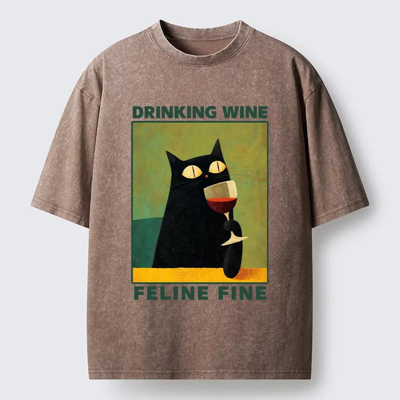Tokyo-Tiger Drinking Wine Feline Wine Washed T-Shirt
