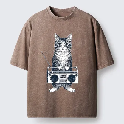 Tokyo-Tiger Cat Carried The Radio Washed T-Shirt