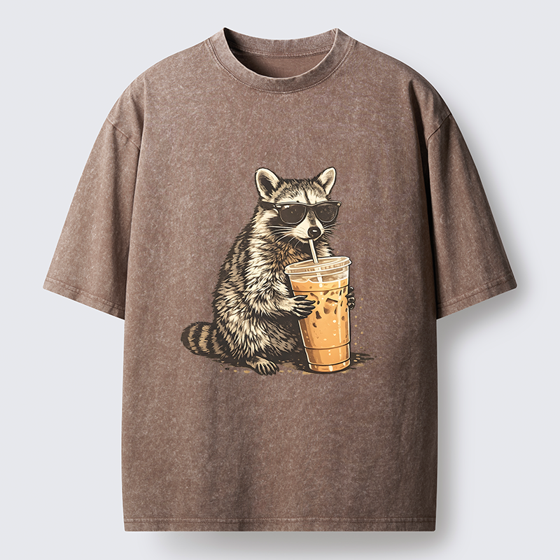Tokyo-Tiger Raccoon Drinking Coffee FunnyWashed T-Shirt