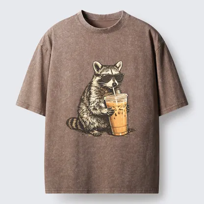 Tokyo-Tiger Raccoon Drinking Coffee FunnyWashed T-Shirt