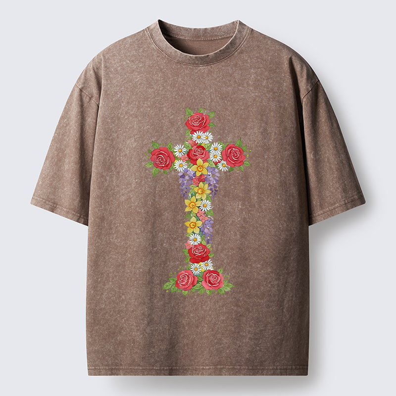 Tokyo-Tiger Flower Cross Washed T-Shirt