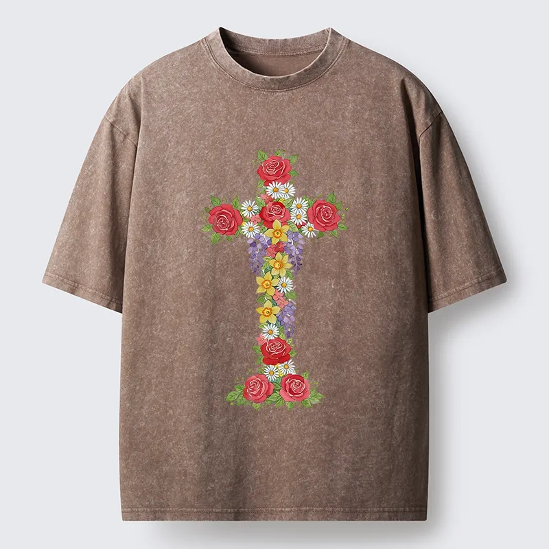 Tokyo-Tiger Flower Cross Washed T-Shirt