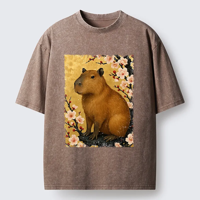Tokyo-Tiger Capybara And Sakura Washed T-Shirt