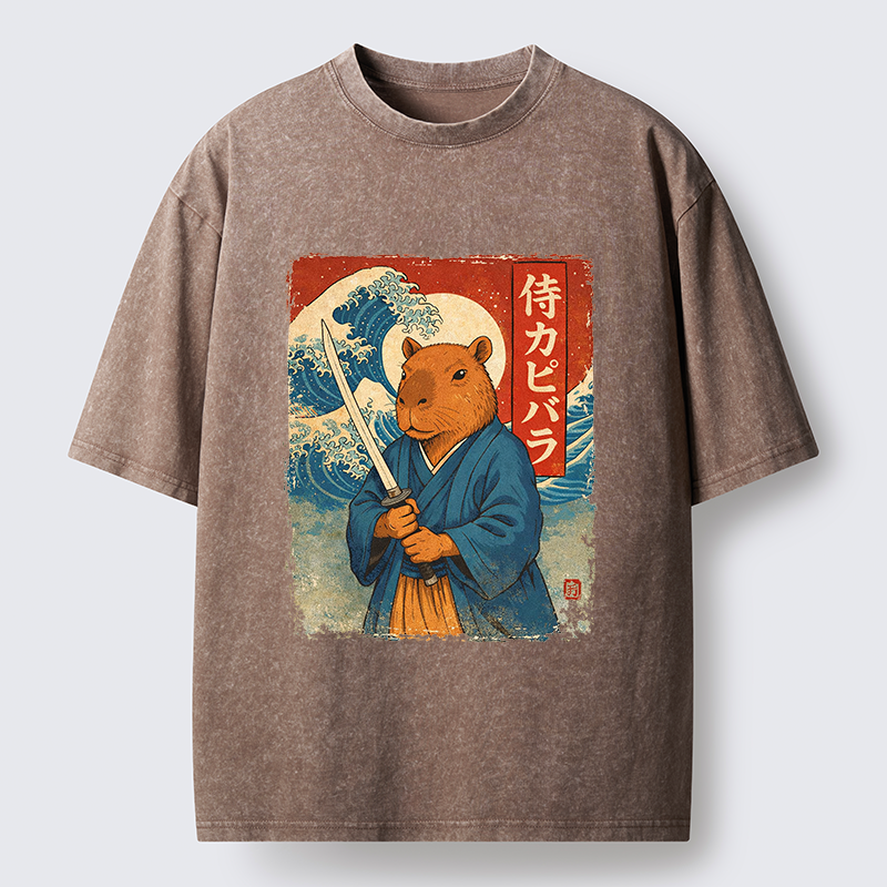 Tokyo-Tiger Capybara Japanese Samurai And Wave Washed T-Shirt