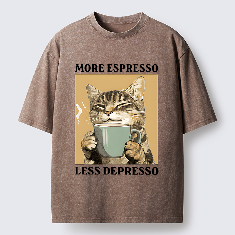 Tokyo-Tiger Cute Cat Drinking Coffee Washed T-Shirt