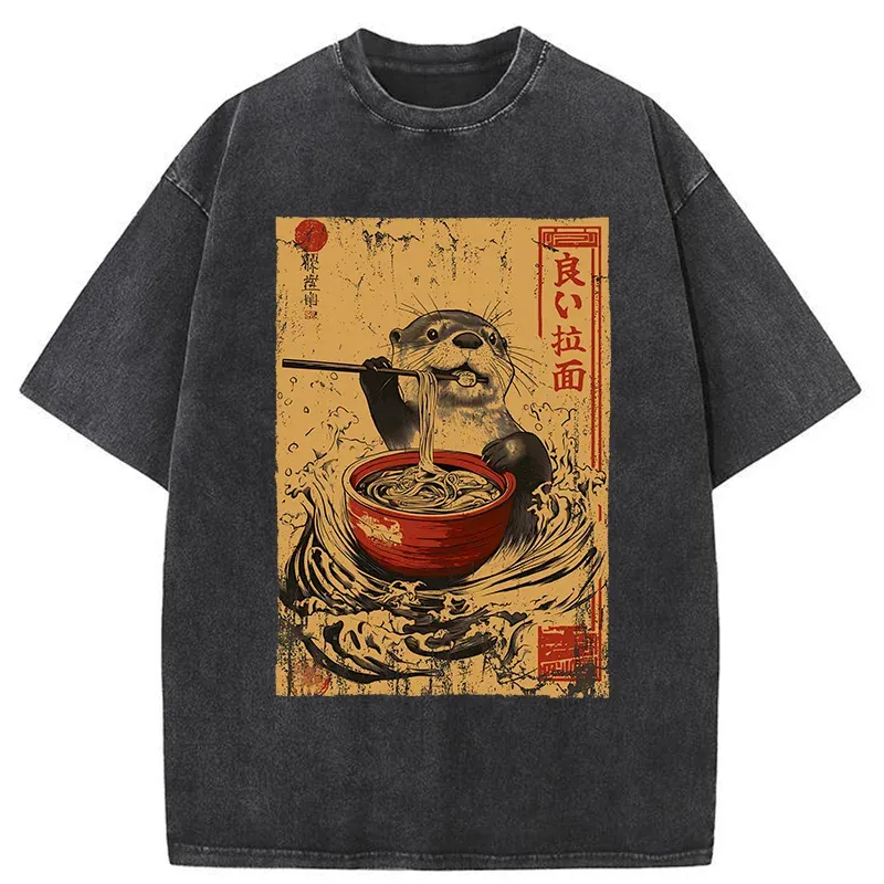 Tokyo-Tiger Otter Eating Ramen Japanese Washed T-Shirt