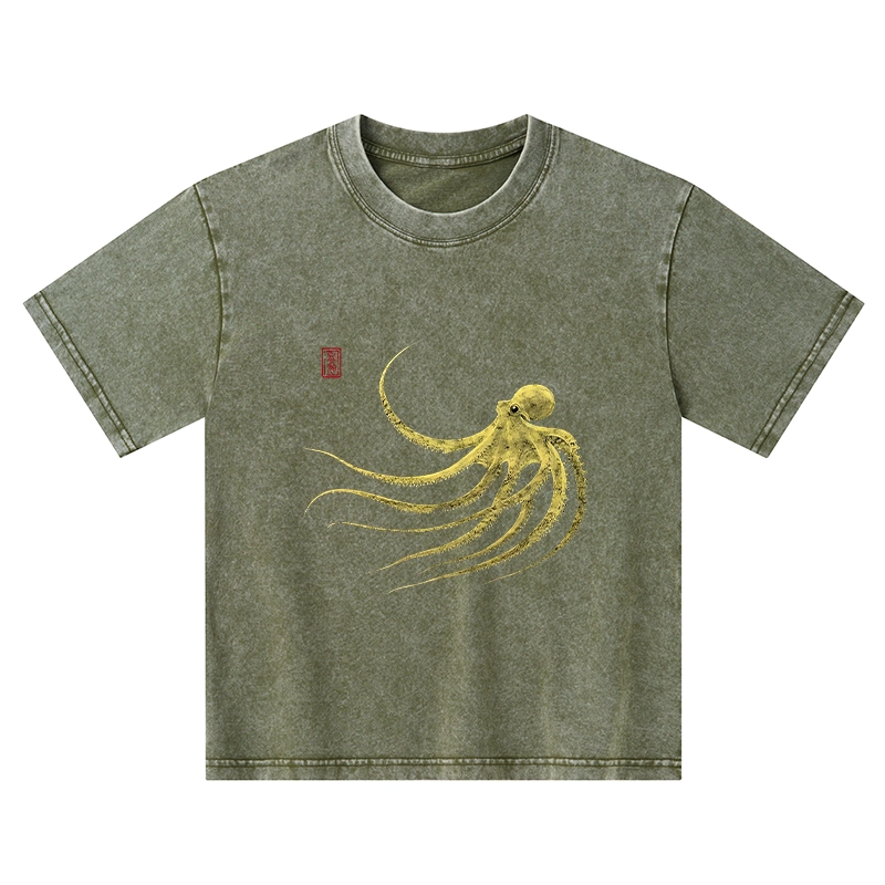 Tokyo-Tiger Retro Octopus Japanese Kids Washed T-Shirt