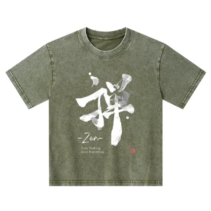 Tokyo-Tiger Zen Texts Kids Washed T-Shirt