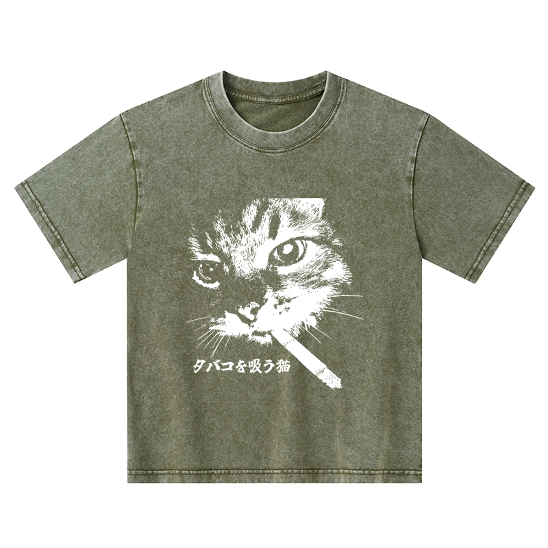 Tokyo-Tiger Retro Cat Smoking Kids Washed T-Shirt
