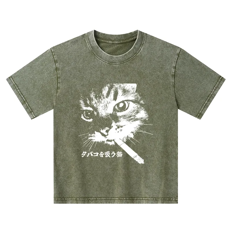 Tokyo-Tiger Retro Cat Smoking Kids Washed T-Shirt