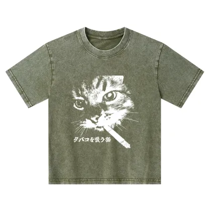 Tokyo-Tiger Retro Cat Smoking Kids Washed T-Shirt