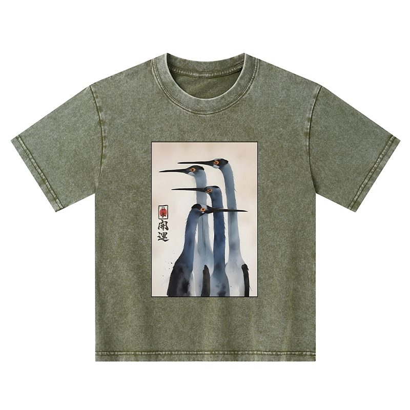 Tokyo-Tiger Retro Sandhill Crane Kids Washed T-Shirt