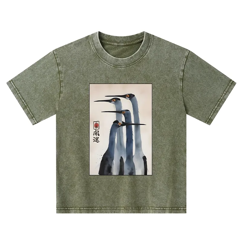 Tokyo-Tiger Retro Sandhill Crane Kids Washed T-Shirt