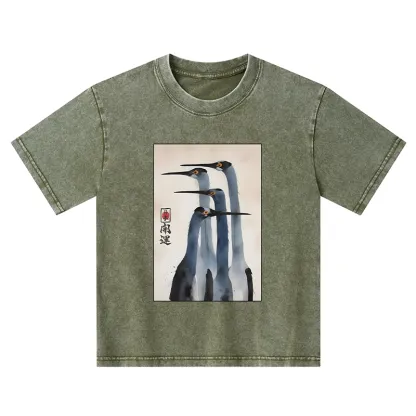 Tokyo-Tiger Retro Sandhill Crane Kids Washed T-Shirt