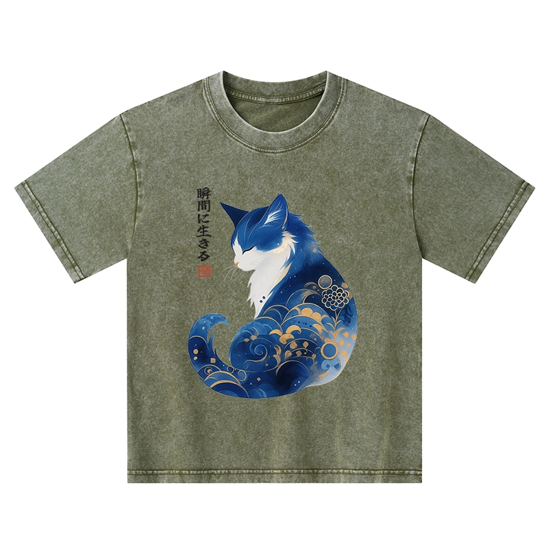 Tokyo-Tiger Retro Zen Cat: Living the Present Kids Washed T-Shirt
