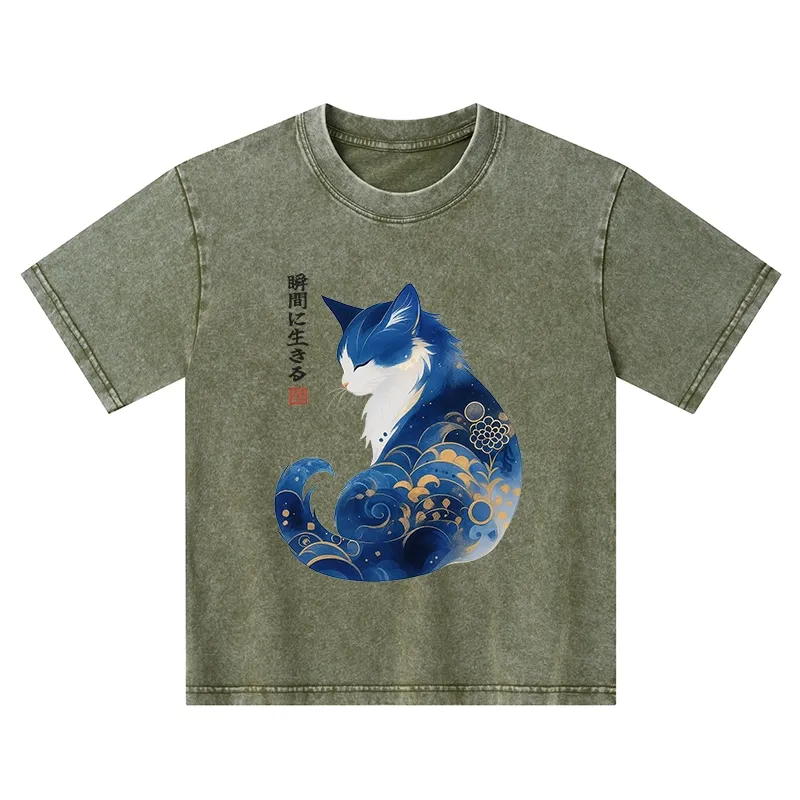 Tokyo-Tiger Retro Zen Cat: Living the Present Kids Washed T-Shirt