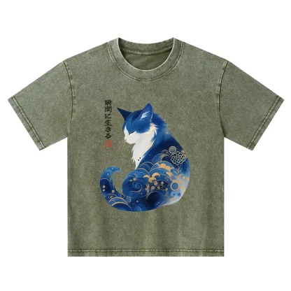 Tokyo-Tiger Retro Zen Cat: Living the Present Kids Washed T-Shirt