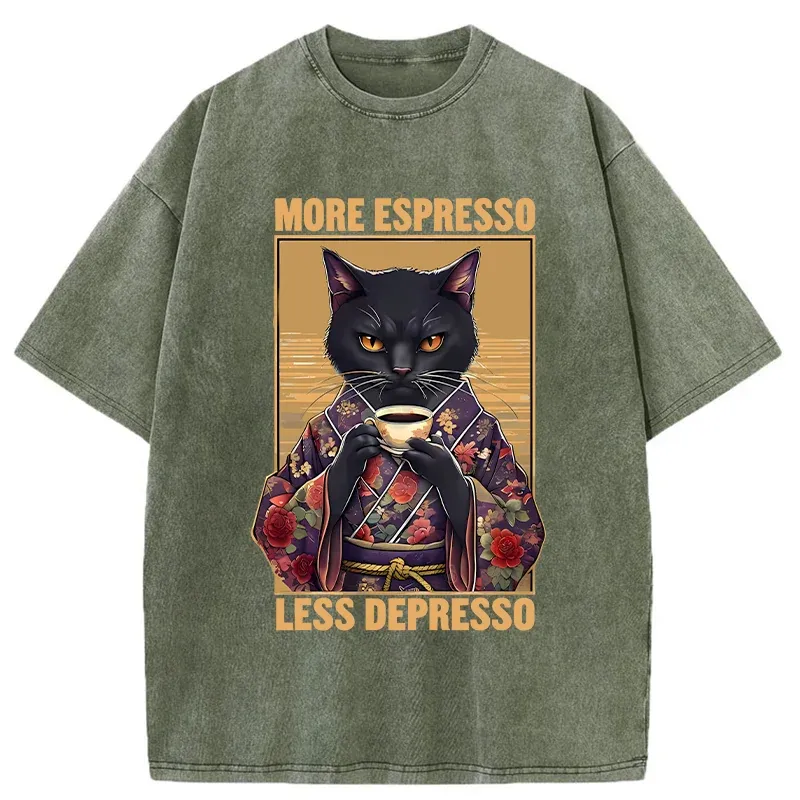 Tokyo-Tiger More Espresso Less Depresso Funny Washed T-Shirt