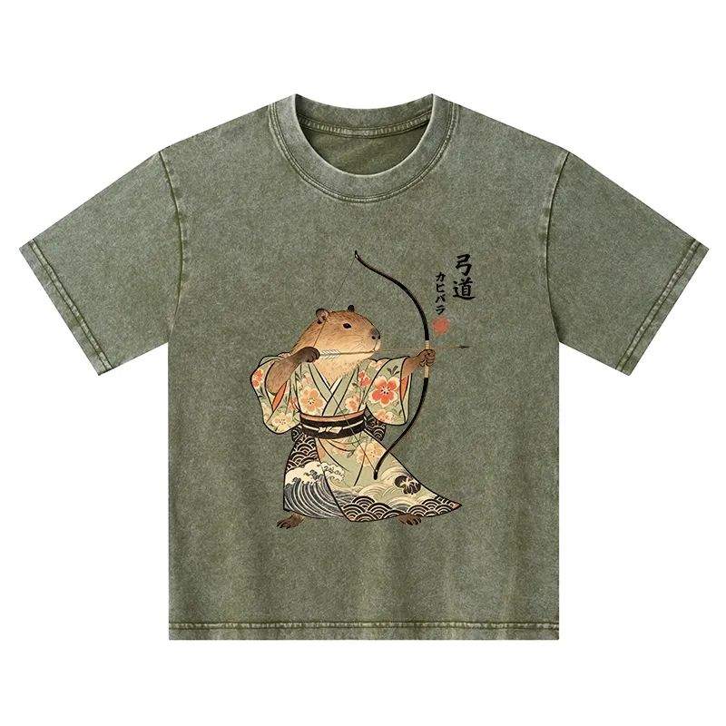 Tokyo-Tiger Capybara Archery Kids Washed T-Shirt