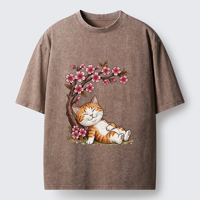 Tokyo-Tiger Cat Sleeps Under Sakura Washed T-Shirt