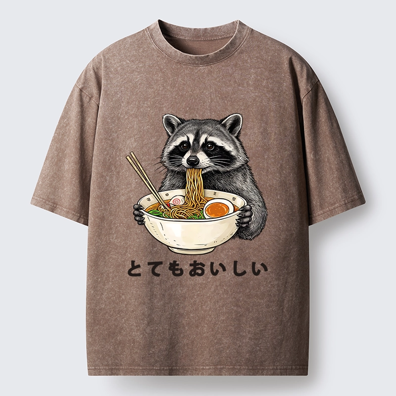 Tokyo-Tiger Raccoon Eating A Big Bowl Of Ramen Washed T-Shirt