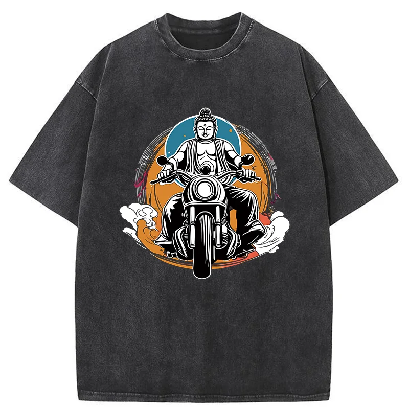 Tokyo-Tiger Buddha Riding A Motorcycle Washed T-Shirt