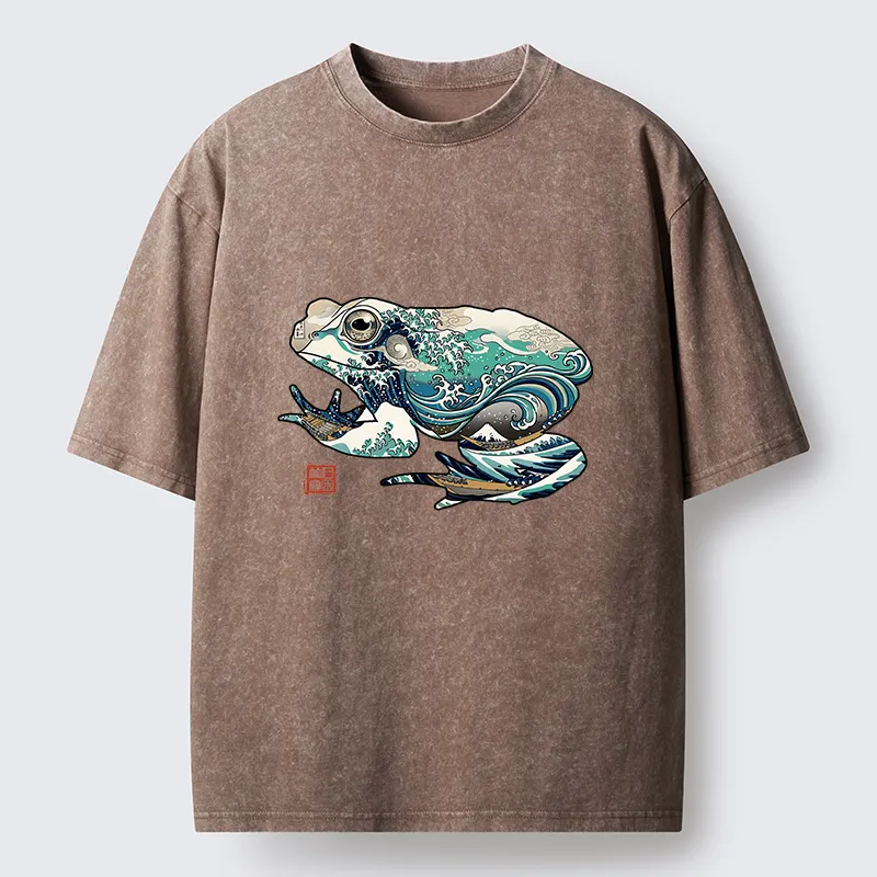Tokyo-Tiger Frogs And Ukiyo-e Waves Washed T-Shirt Sale