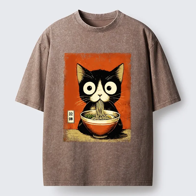 Tokyo-Tiger Ramen Loving Black Cat Washed T-Shirt