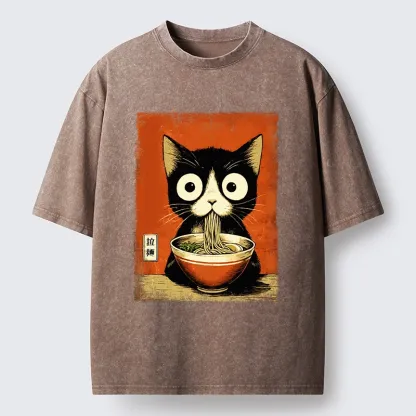 Tokyo-Tiger Ramen Loving Black Cat Washed T-Shirt