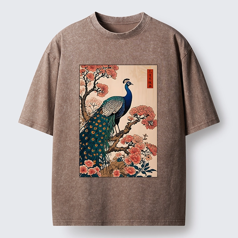 Tokyo-Tiger Vintage Peacock Woodblock Print Washed T-Shirt