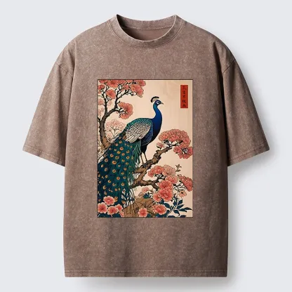Tokyo-Tiger Vintage Peacock Woodblock Print Washed T-Shirt