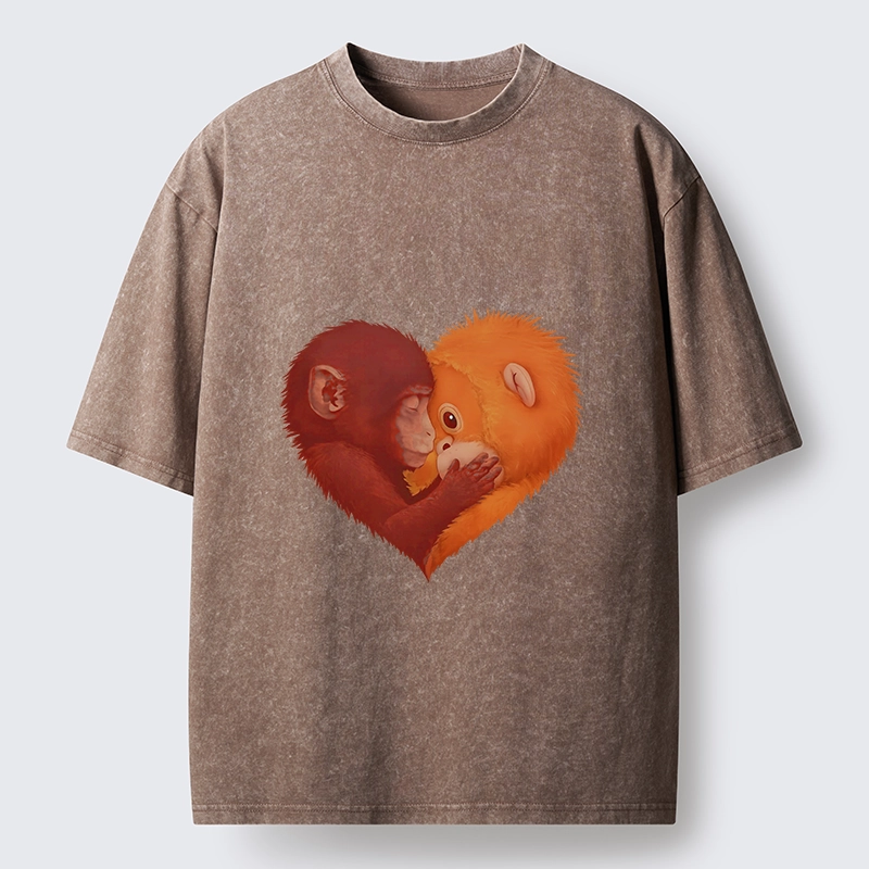 Tokyo-Tiger Monkey Love in a Heart Washed T-Shirt