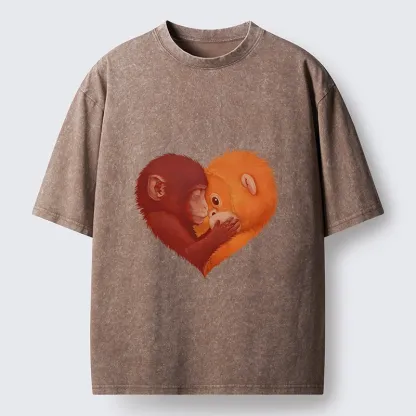 Tokyo-Tiger Monkey Love in a Heart Washed T-Shirt