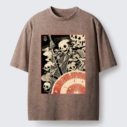 Tokyo-Tiger Dark Samurai Skeleton Art Washed T-Shirt