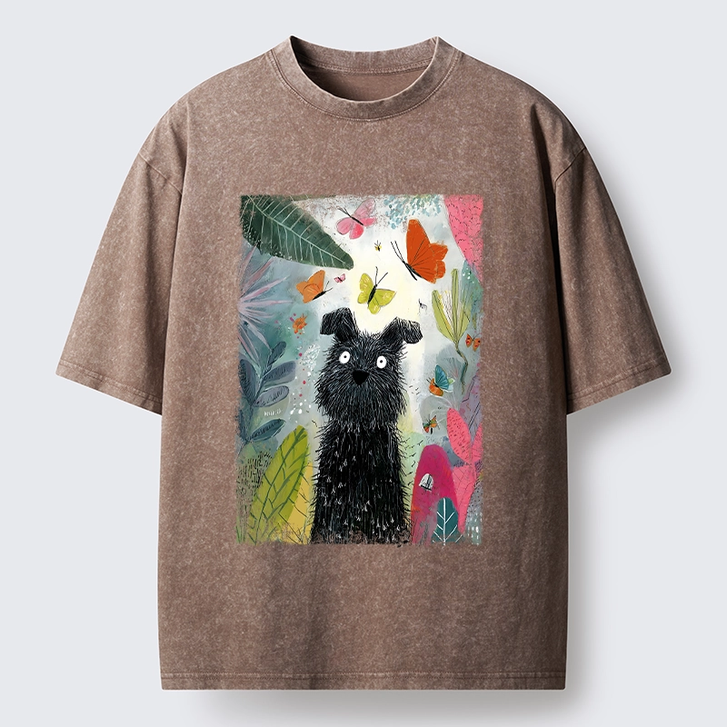 Tokyo-Tiger Black Dog Among Colorful Butterflies Washed T-Shirt