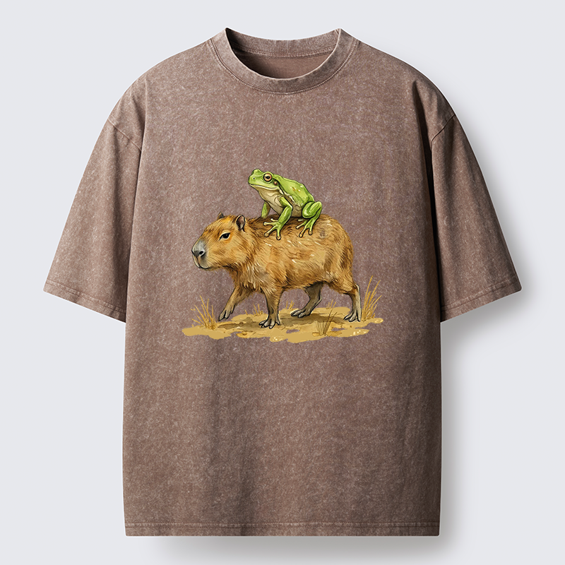 Tokyo-Tiger Frog Riding A Capybara Washed T-Shirt