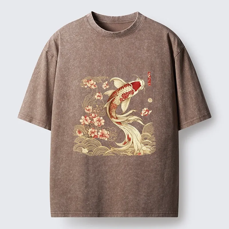 Tokyo-Tiger Golden Koi and Blossoms Washed T-Shirt
