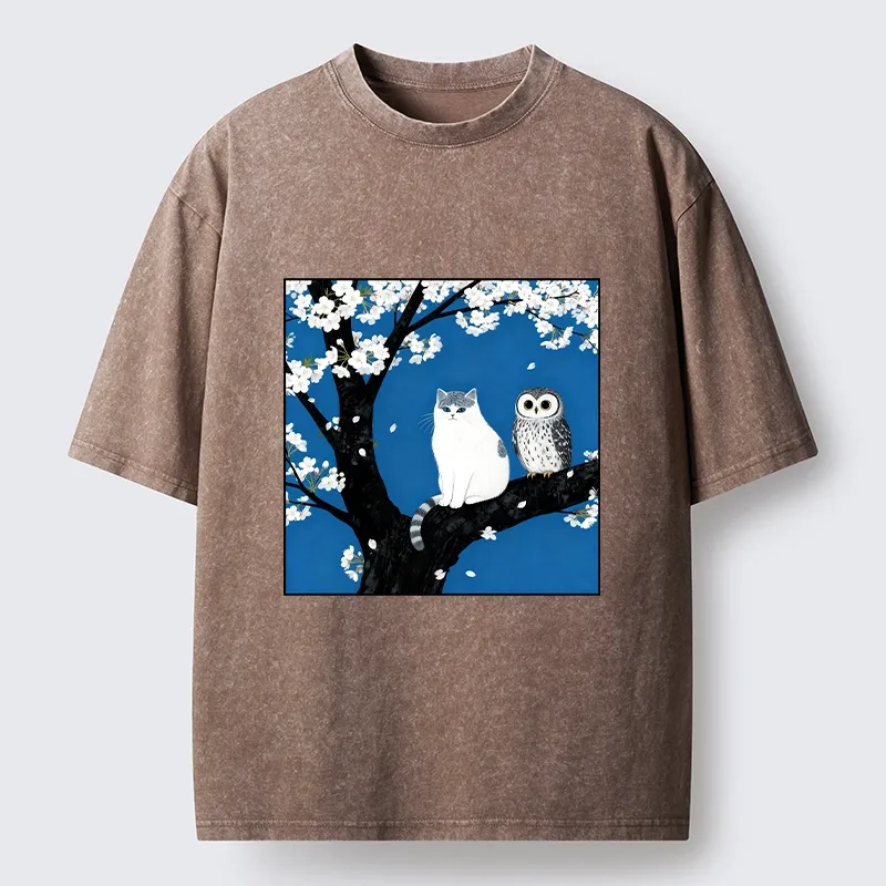 Tokyo-Tiger Cat and Owl Under Sakura Washed T-Shirt