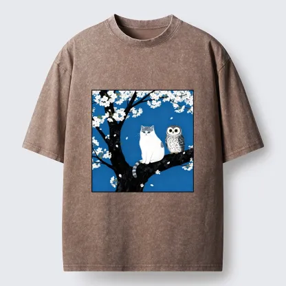 Tokyo-Tiger Cat and Owl Under Sakura Washed T-Shirt