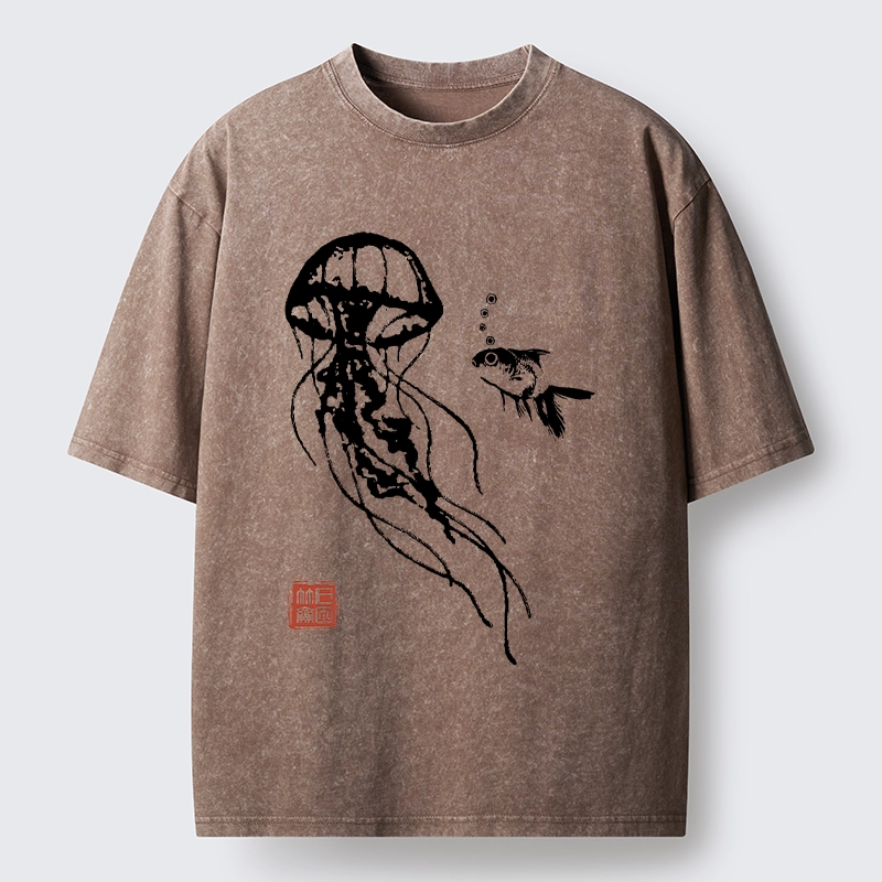 Tokyo-Tiger Ink Wash Jellyfish and Fish Washed T-Shirt